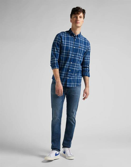 LEE BUTTON DOWN MĘSKA KOSZULA MATERIAŁOWA W KRATĘ MINT BLUE L880OEUD 112145645