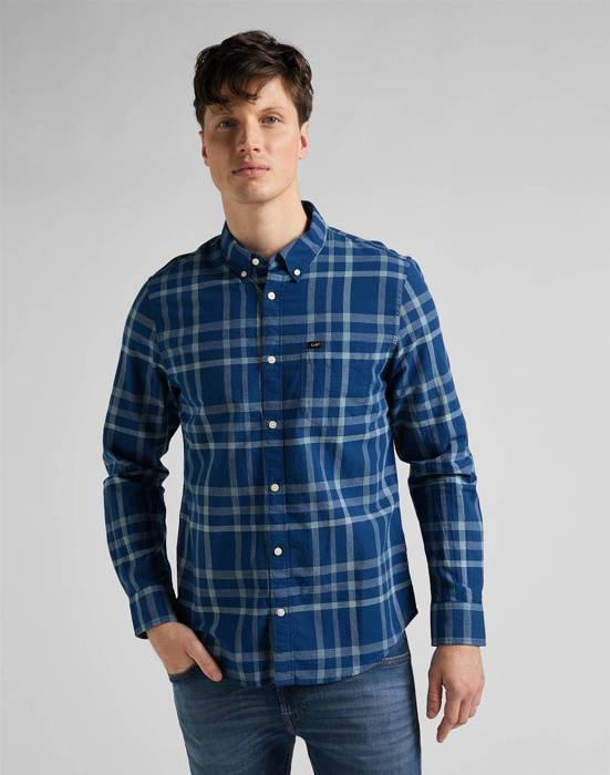 LEE BUTTON DOWN MĘSKA KOSZULA MATERIAŁOWA W KRATĘ MINT BLUE L880OEUD 112145645