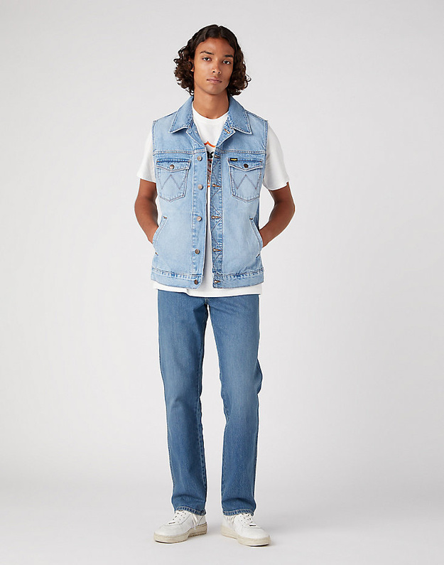 WRANGLER DENIM VEST MĘSKA KAMIZELKA JEANSOWA BEZRĘKAWNIK JEANS LOGO BLUE W44773Y97 112330850