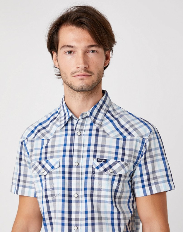 MĘSKA KOSZULA W KRATE WRANGLER SS WESTERN SHIRT CERULEAN BLUE W5J04MXVT 112130145