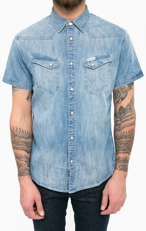 WRANGLER S/S HERITAGE WESTERN MĘSKA KOSZULA KRÓTKI RĘKAW JEANSOWA LIGHT INDIGO W58737PTE