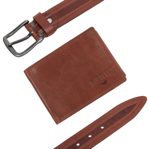 ZESTAW PREZENTOWY MUSTANG - SKÓRZANY PORTFEL I PASEK MĘSKI BROWN