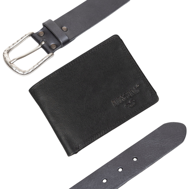 ZESTAW PREZENTOWY MUSTANG - SKÓRZANY PORTFEL I PASEK MĘSKI BLACK