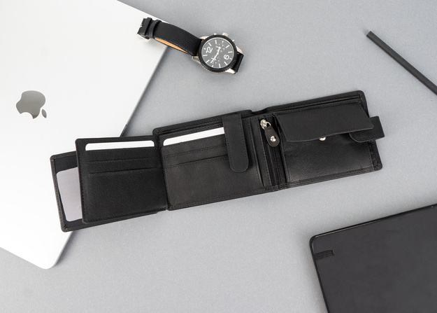MUSTANG DENIMO WALLET MĘSKI PORTFEL SKÓRZANY POJEMNY NA KARTY PREMIUM BLACK RFID