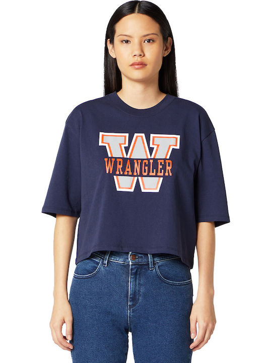 WRANGLER BOYFRIEND CROP TEE DAMSKI T-SHIRT KOSZULKA Z KRÓTKIM RĘKAWEM LOGO NADRUK NAVY W7P6GF114 112132064