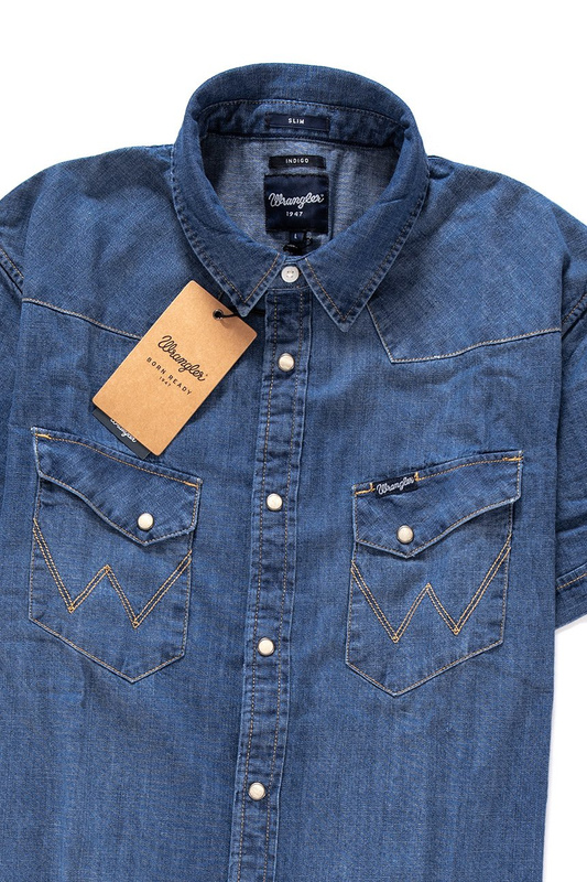 WRANGLER S/S WESTERN SHIRT MĘSKA KOSZULA JEANSOWA KRÓTKI RĘKAW MID INDIGO W5853CP8E