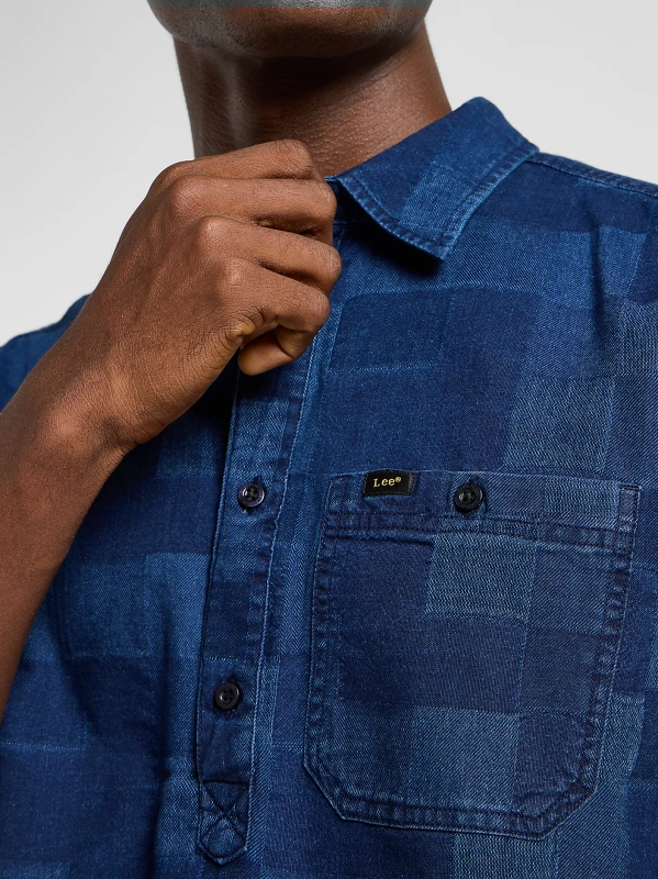 MESKA KOSZULA LEE POPOVER SHIRT SS INDIGO PATCHWORK DOBBY 112364121