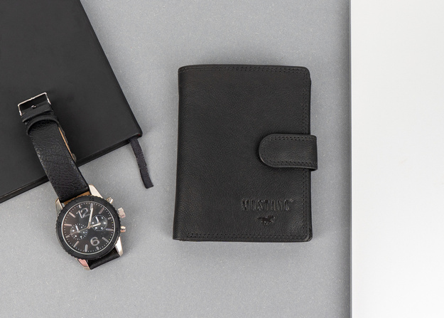 MUSTANG DENIMO WALLET MĘSKI PORTFEL SKÓRZANY POJEMNY KARTY BLACK