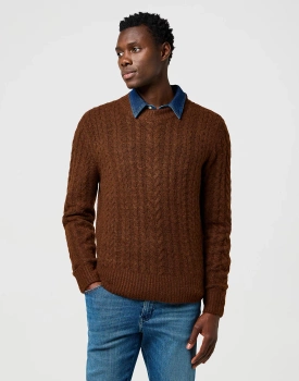 MESKI SWETER  WRANGLER CABLE KNIT SWEATER MAHOGANY HEATHER 112371665