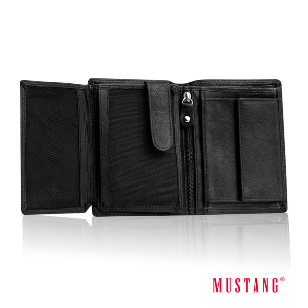 MUSTANG DENIMO HIGH WALLET MĘSKI PORTFEL SKÓRZANY NA KARTY POJEMNY BLACK RFID