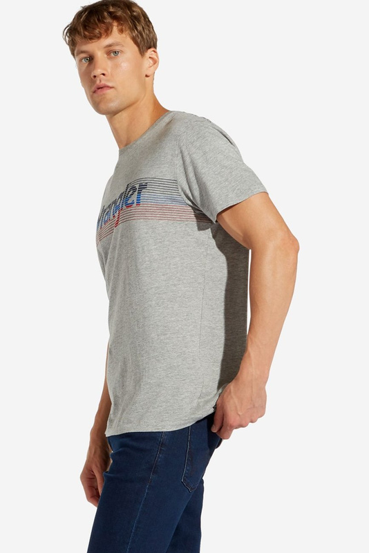 WRANGLER BOX LOGO TEE MĘSKI T-SHIRT KOSZULKA Z KRÓTKIM RĘKAWEM NADRUK MID GREY MEL W7C09FK37 112131615