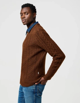 MESKI SWETER  WRANGLER CABLE KNIT SWEATER MAHOGANY HEATHER 112371665