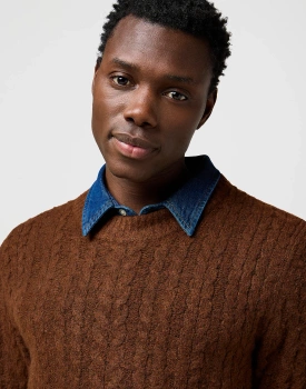 MESKI SWETER  WRANGLER CABLE KNIT SWEATER MAHOGANY HEATHER 112371665