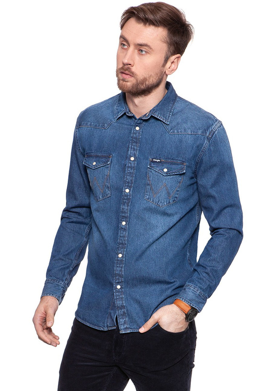 KOSZULA JEANSOWA MĘSKA WRANGLER WESTERN DENIM SHIRT MID STONE W5973LWZ4 112129837