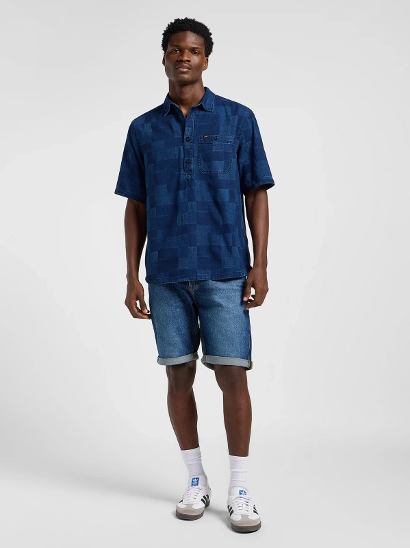 MESKA KOSZULA LEE POPOVER SHIRT SS INDIGO PATCHWORK DOBBY 112364121