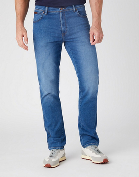 WRANGLER TEXAS SLIM MĘSKIE SPODNIE JENASOWE FLANKER BLUE W12SKG26J