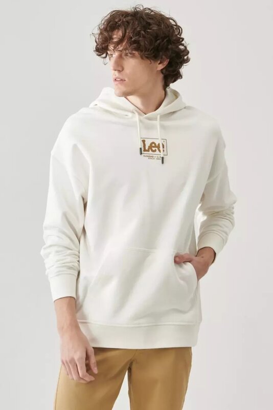 LEE LOOSE HOODIE MĘSKA BLUZA Z KAPTUREM LOGO ECRU L83SSPNQ