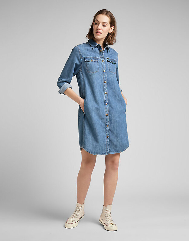 LEE SHIRT DRESS DAMSKA SUKIENKA JEANSOWA DŻINS MID STONE L50DPLVK