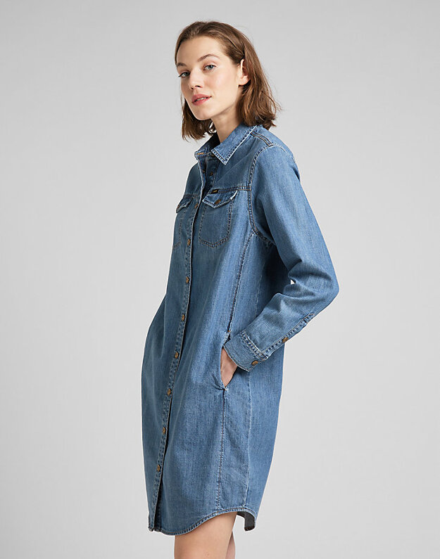 LEE SHIRT DRESS DAMSKA SUKIENKA JEANSOWA DŻINS MID STONE L50DPLVK