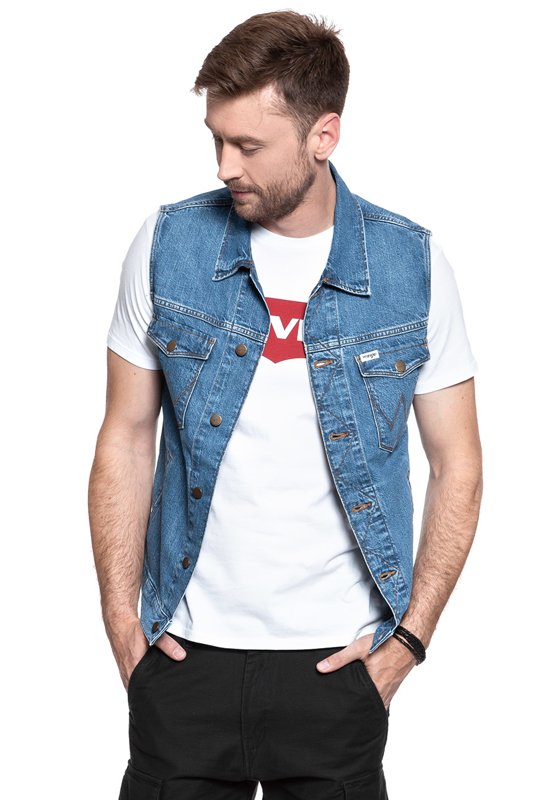 MĘSKI BEZRĘKAWNIK JEANSOWY WRANGLER DENIM VEST  BORA BLUE W447Q318F