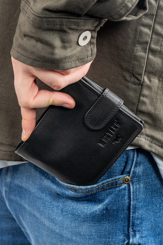 MUSTANG DENIMO WALLET MĘSKI PORTFEL SKÓRZANY POJEMNY NA KARTY PREMIUM BLACK RFID