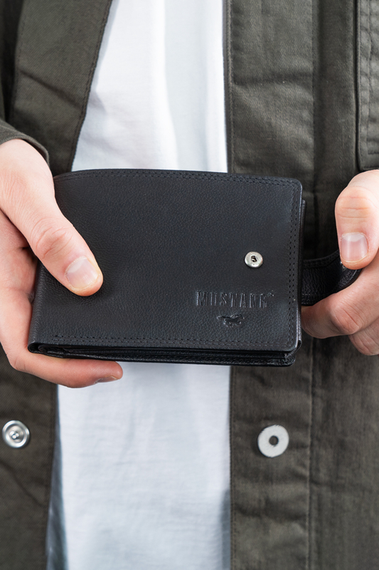 MUSTANG DENIMO WALLET MĘSKI PORTFEL SKÓRZANY POJEMNY NA KARTY PREMIUM BLACK RFID