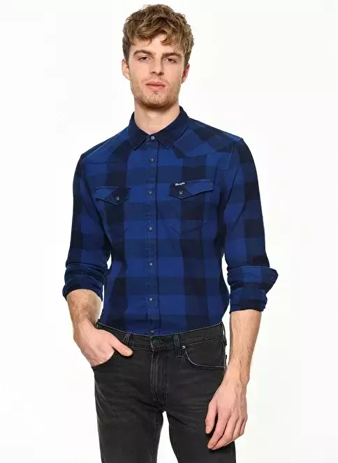 WRANGLER L/S WESTERN SHIRT MĘSKA KOSZULA KRATA MATERIAŁ MID INDIGO W5716NE8E