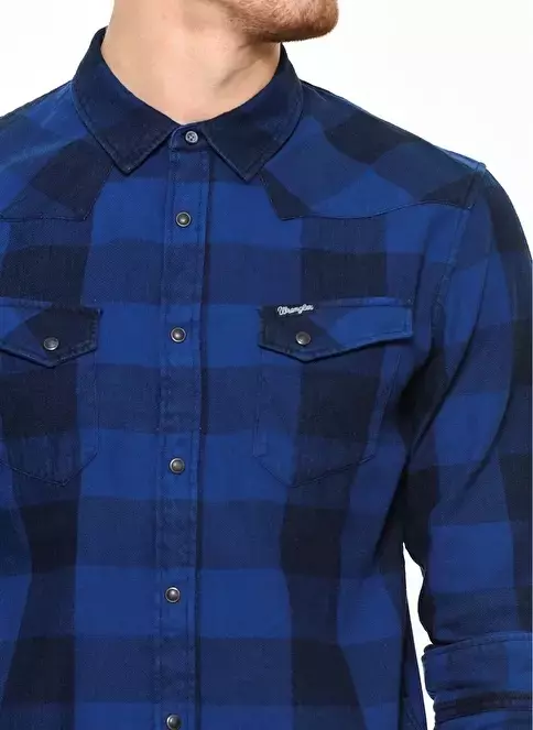 WRANGLER L/S WESTERN SHIRT MĘSKA KOSZULA KRATA MATERIAŁ MID INDIGO W5716NE8E