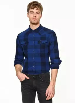 WRANGLER L/S WESTERN SHIRT MĘSKA KOSZULA KRATA MATERIAŁ MID INDIGO W5716NE8E